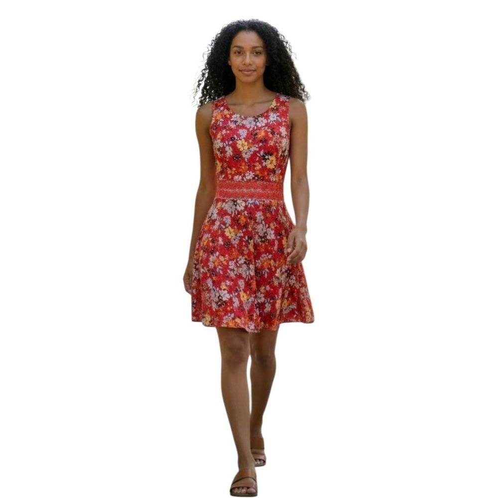 Free People Red Floral A-Line Sleeveless Mini Dress Crochet W Waist‎ 10